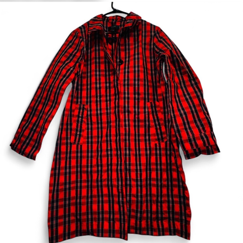 J.Crew Tartan Red & Black Buffalo Plaid Nylon Trench Coat Raincoat Size 8 Preppy